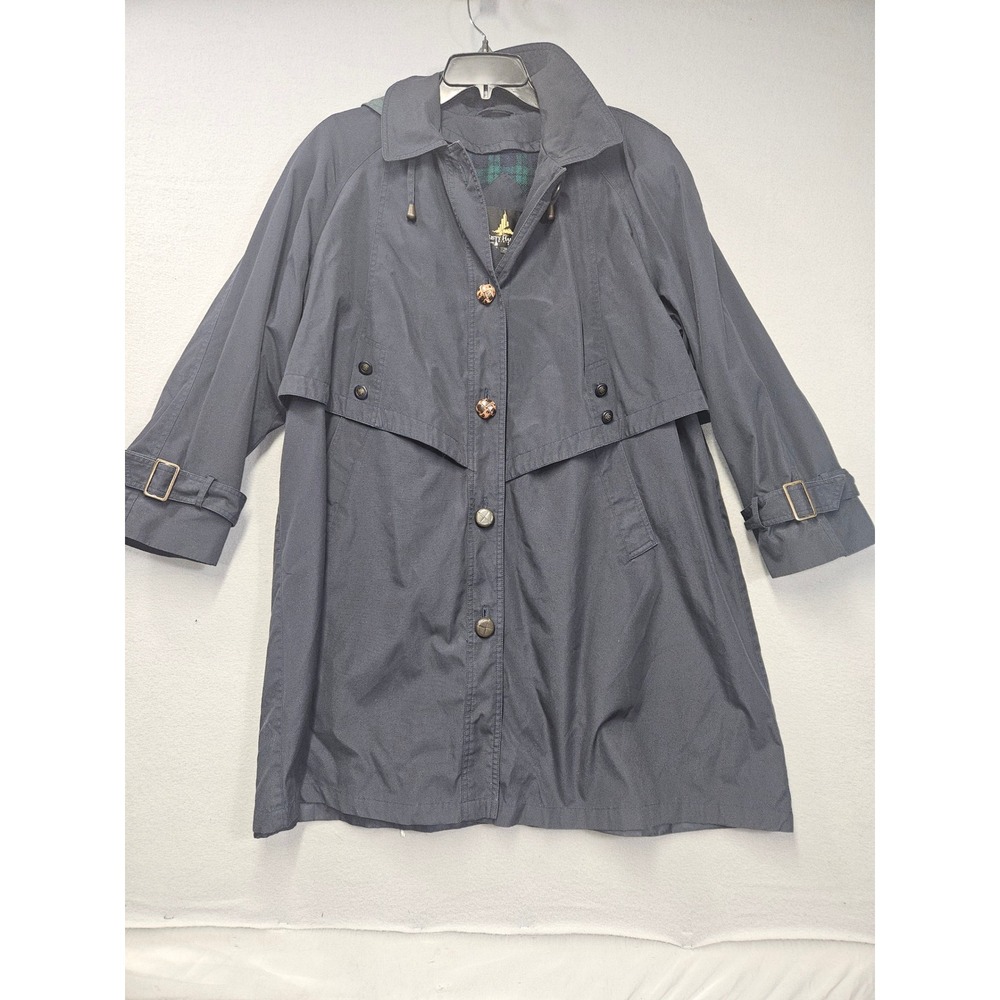 Mistty Bay Vintage Navy Blue Hooded Trench Coat Storm Flap Plaid Lining Sz L